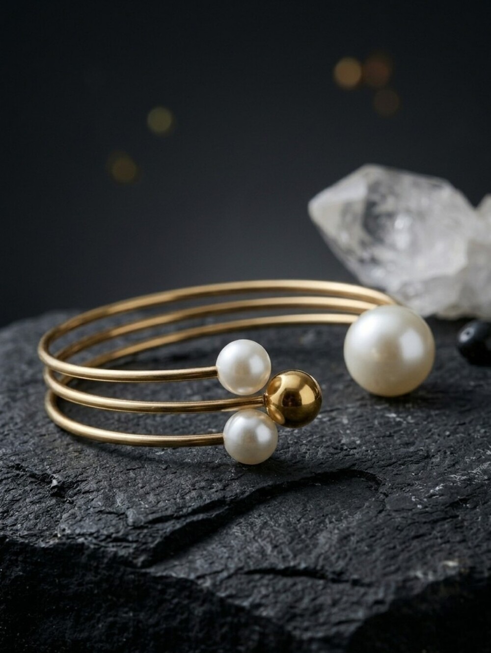 Faux Pearl Open Cuff Bracelet 14K Gold Plated Stainless Steel Stud Earrings Set - Picture 8 of 15